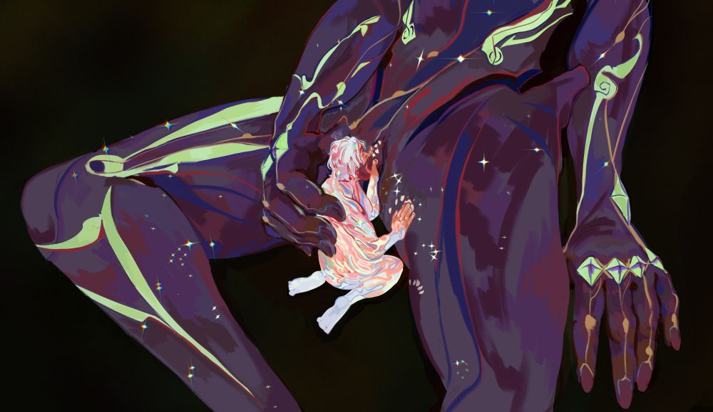 Tiny Jayce is kneeling between big arcane form herald Viktor's thighs, gagging on his clit while trailing iridescent glowing touches across his skin. Viktor's thumb is resting on Jayce's head grounding him and urging him forwards.