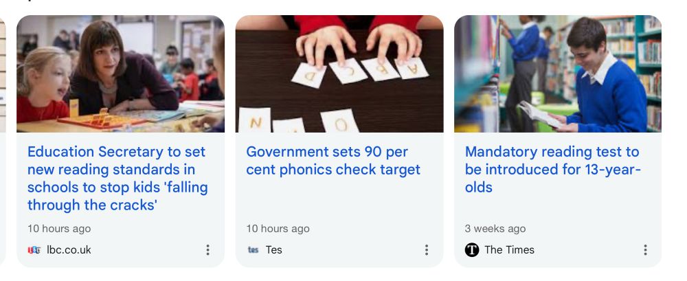 Three difference headline boxes for news stories about new Phonics targets for Key Stage 1 and mandatory reading tests for Year 8. 