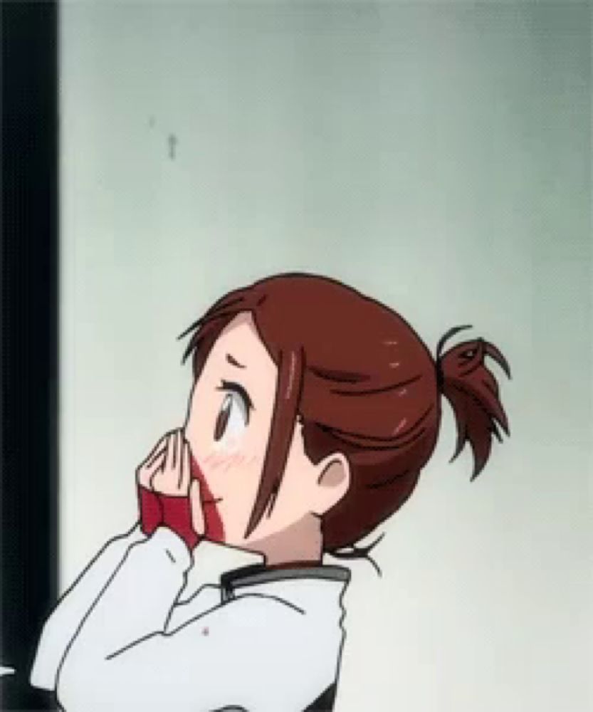 a cartoon girl with a ponytail and red gloves covering her mouth