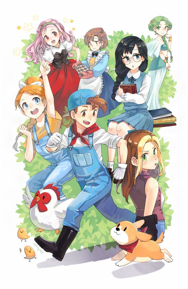 Digital painting showing the main character and 5 bachelorette characters from the video game Harvest Moon 64.