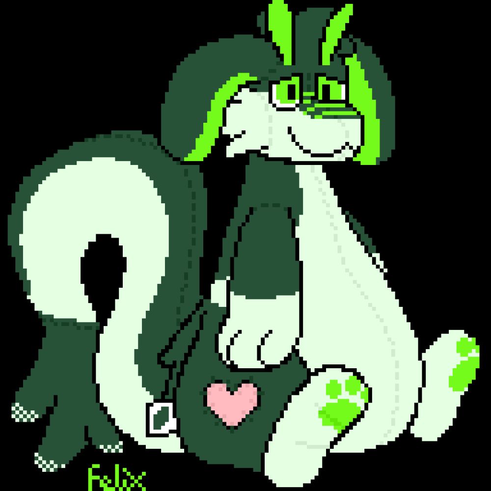 Pixel art of a soft, chubby, green Amphimorpho (mammal-like alien creature) in the form of a plushie, smiling and with tired eyes.