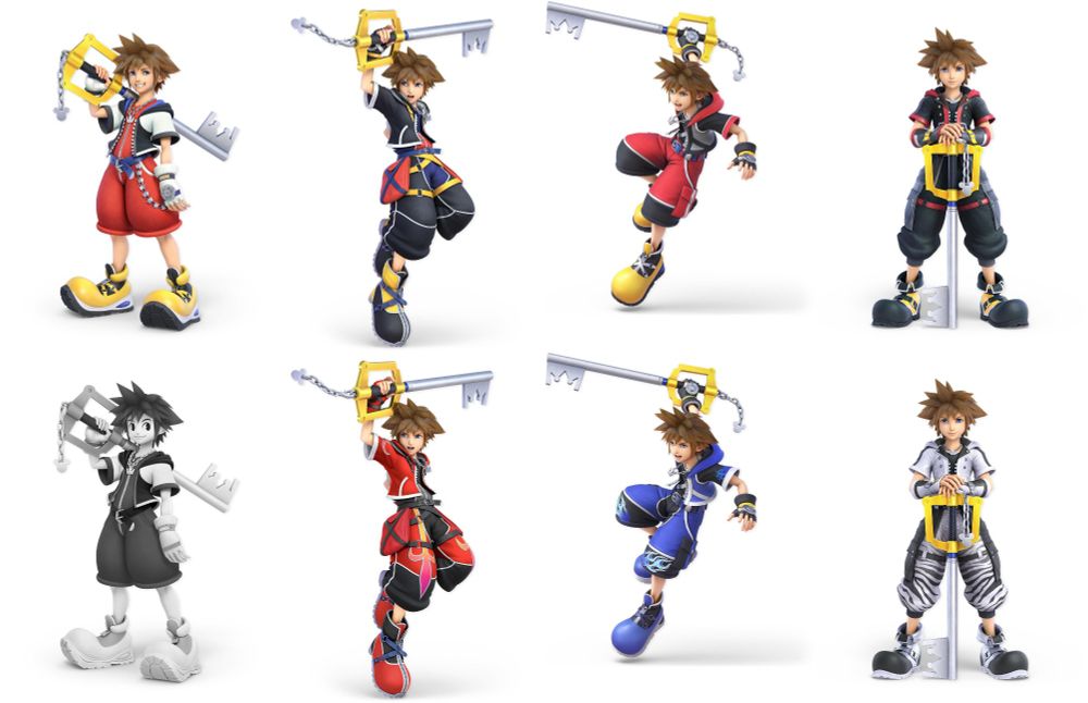 Sora from Kingdom Hearts in Smash Bros. Shown is each of his costumes in the game which includes his KH1, 2, & 3 outfits along with the Drive forms for 2 and the Steamboat Willie world look.