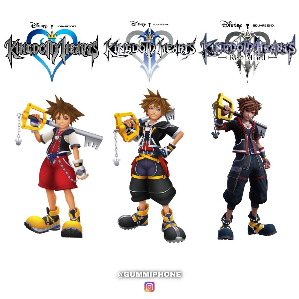 Sora from Kingdom Hearts in each of his outfits from 1, 2, & 3.