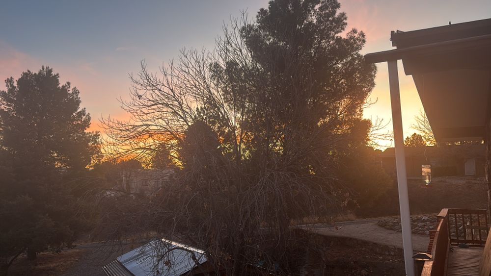 Oranje en gouden zonsopkomst achter huis en bomen 