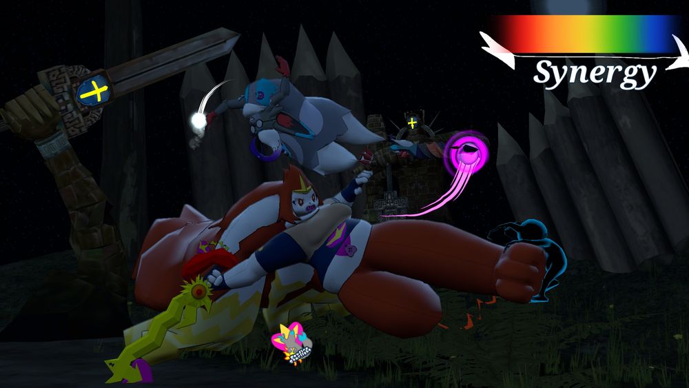 Jake and Rei doing battle with dark enemies using their keyblades. There is a rainbow gauge labeled "Synergy" in the top right corner, suggesting they're using their own version of a Limit Command.

Rei does a version of sliding dash, a lunging kick at an enemy akin to an English football tackle after using her keyblade as an anchor to gain momentum. A shadow heartless is plastered to her foot from the attack.

Jake does a backflip over her, ice magic at the ready. His keyblade is not in either hand, but held by his disembodied foot claws. The blade radiates purple magic as it is swung at his target: A stone arm rising from the ground holding a sword, with a yellow eyed mask at the hilt.

A similar stone statue stands in the background, presumably the owner of the arm.

Gigantamax Cinderace Shiny Hisuian Zorua Heartless Fight Scene
