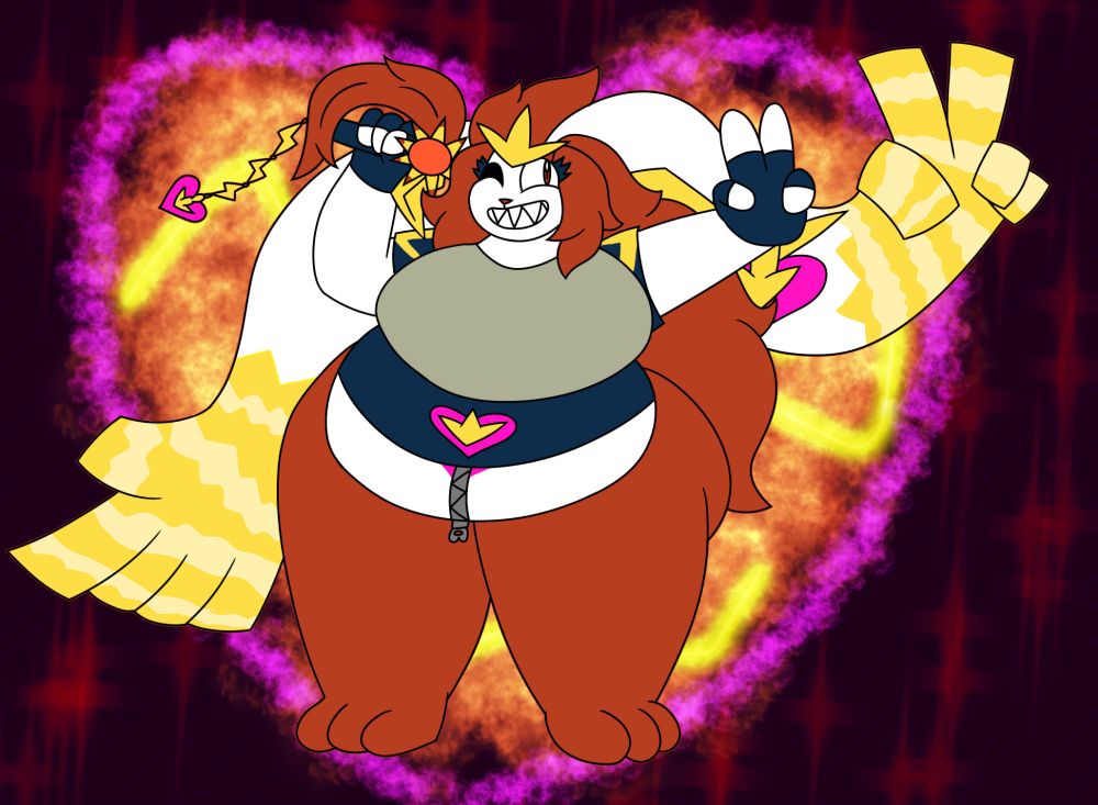 Rei with sol seraphim slung over her shoulder, giving a peace sign with both left arms. There's a big heart shaped flame in the background giving off red embers and yellow lightning.

Gigantamax Cinderace Star Bunny keyblade big beautiful woman