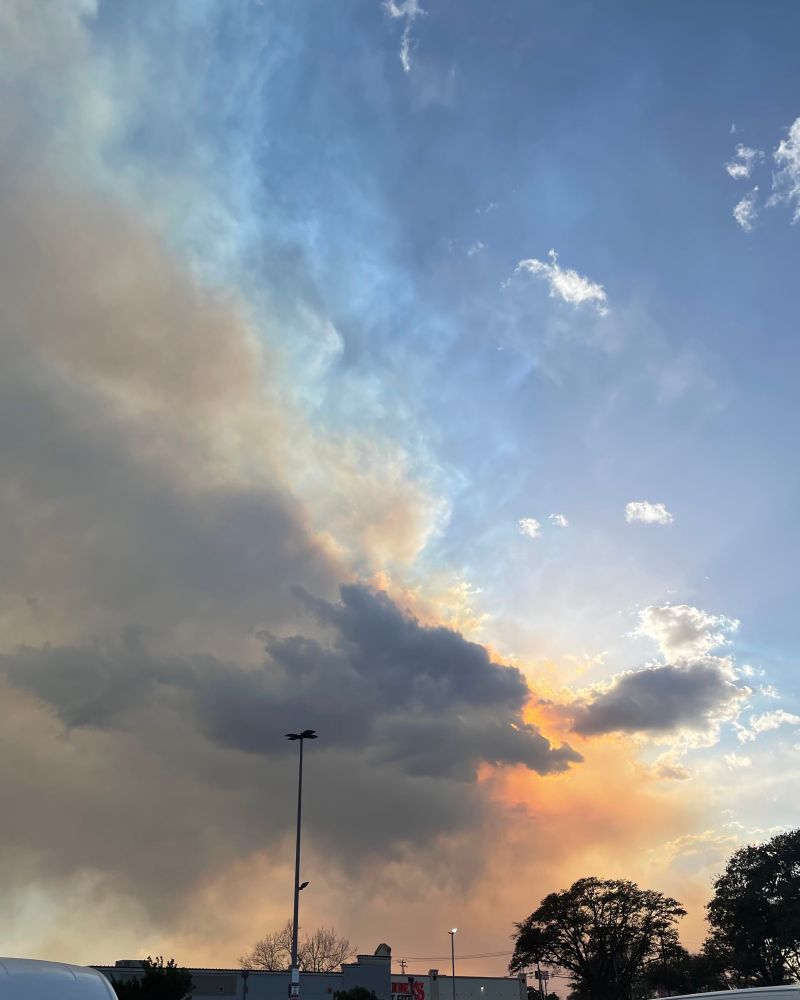 [ID: Huge gray smoke from land into grayish clouds that blocked orangish sun. Black silhouette of trees on below right corner of photo.]