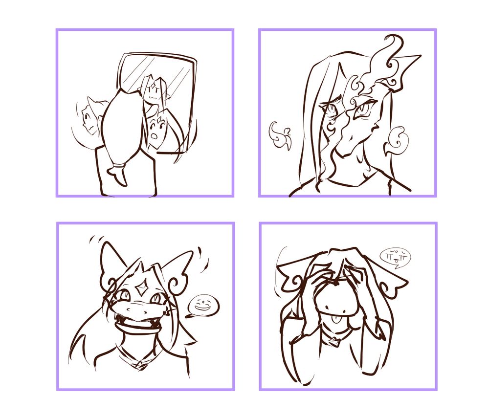 4 pannel doodle comic; at first panel the character in front of a mirror looks around ensuring nobody is near; at the second the face shifts with a magic swirl; third panel shows a dragon smiling at the mirror; fourth it covers it's face