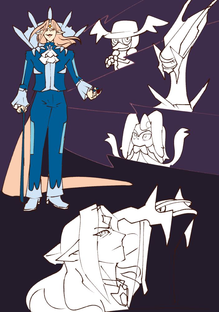 doodle of my oc Theron dressed in Dialga suit with dialga, mr ryme and sylveon as pokemon team in a "intimidating" pose
