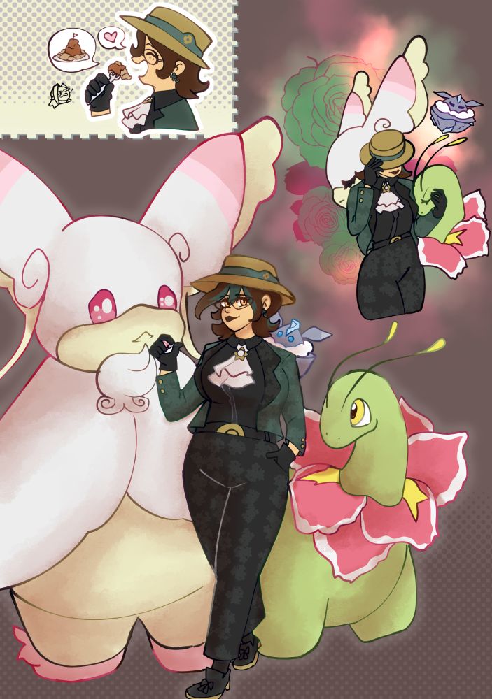 illustration of pokemon trainer with carbink meganium and audino with flowers; the trainer wears a black and green suit.