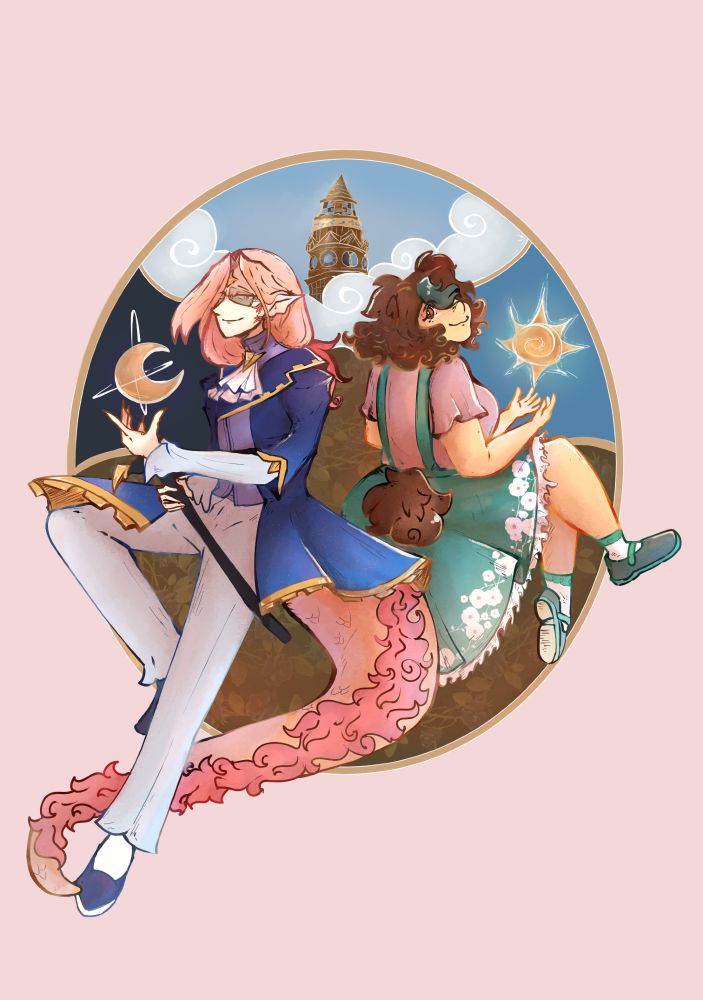 digital illustration, two characters. One character is dressed in a blue suit with golden gear details, his long hair is peach colored matching his dragon tail color. He's holding a walking cane and the moon; the other character is dressed in a green floral apron. Her hair is curly with a chocolate hue matching her bear tail. She's holding the sun. The background resembles a tapestry with a clock tower in the middle.