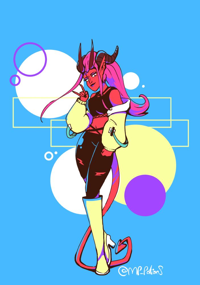 bright colored digital illustration of demon girl character with pink hair and lemon tech outfit
