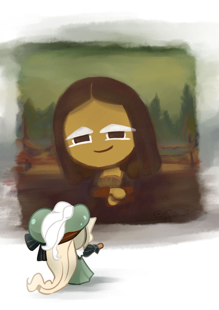 illustration of monalisa but as a cookie, "doughnalisa", with eclair cookie looking at it.