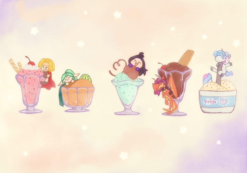 digital illustration of ZENSHU characters handing on ice cream cups