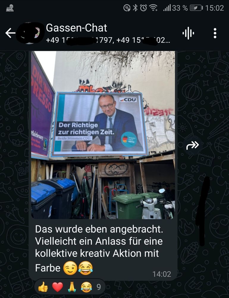 Screenshot "Gassenchat"
Foto einer Plakatwand, darauf ein CDU Wahlwerbeplakat, Portrait Friedrich Merz, Slogan "der Richtige zur richtigen Zeit. Beide Stimmen CDU"
