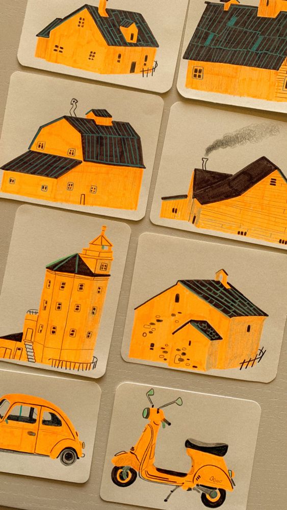 8 tiny drawings, these are in neon orange and black instead. There are little houses, barns, a lighthouse, a Vespa and a fiat 500. The details are once again added with black pencil and light green pencil. 