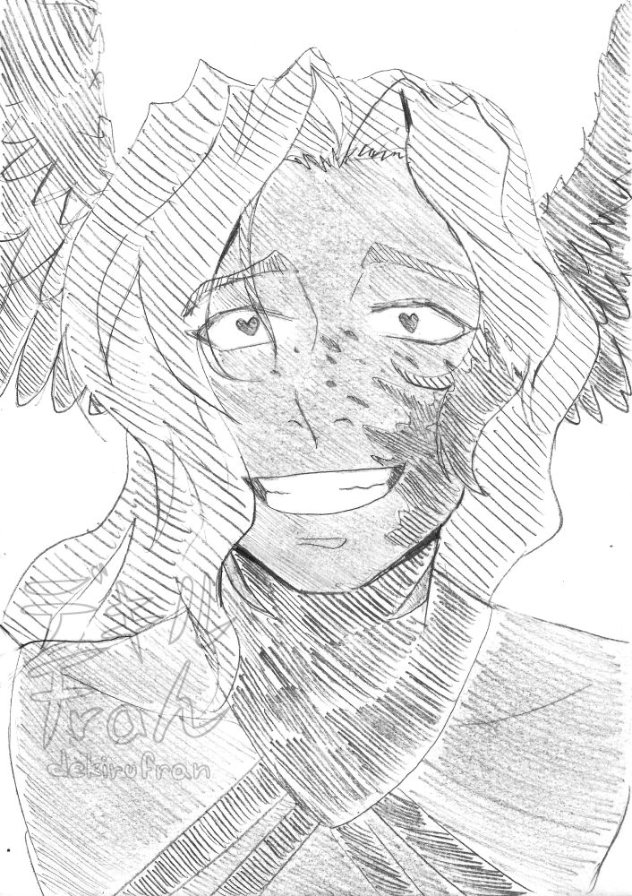 Sketch of Ellyrieve's character. The character has an unhinged expression, with a splash of blood on the left cheek.