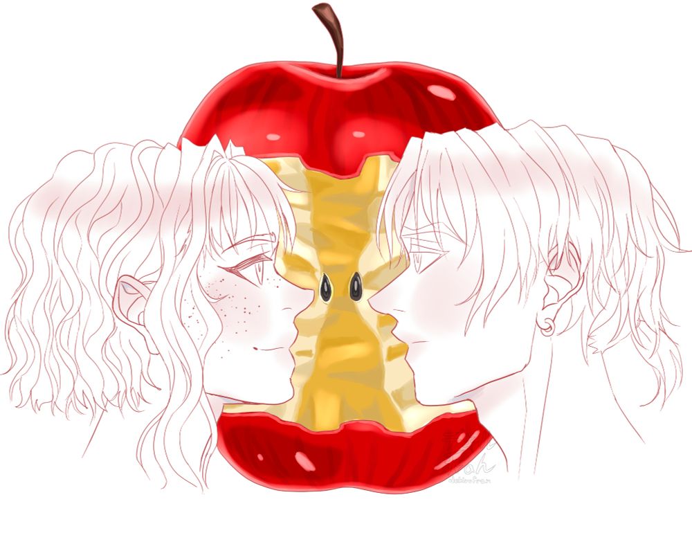 Delia and Adair from Burning Red are looking at each other, between them there is an apple core.