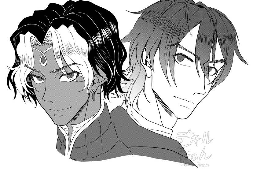 3/4 portraits in black and white for Cassian (left) and Alayn (right)