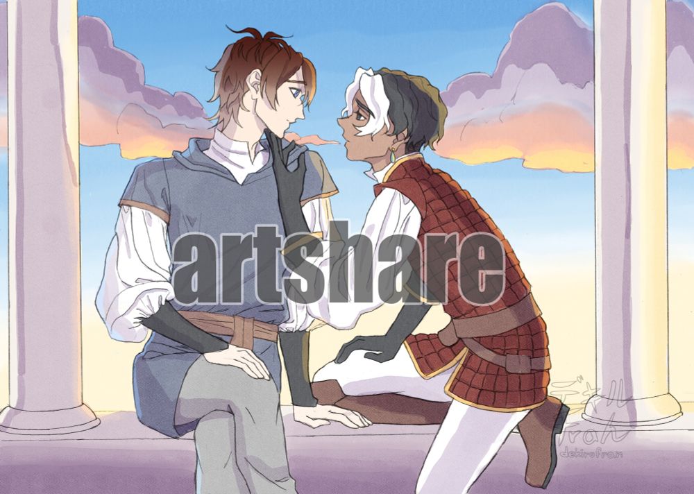 Drawing of Alayn and Cassian (ocs). Cassian is looking lovingly into Alayn's eyes and touching his chin. Alayn has a surprised expression on his face. They're seated on a sort of balcony. The scene is set in sunset. Text says "Artshare".