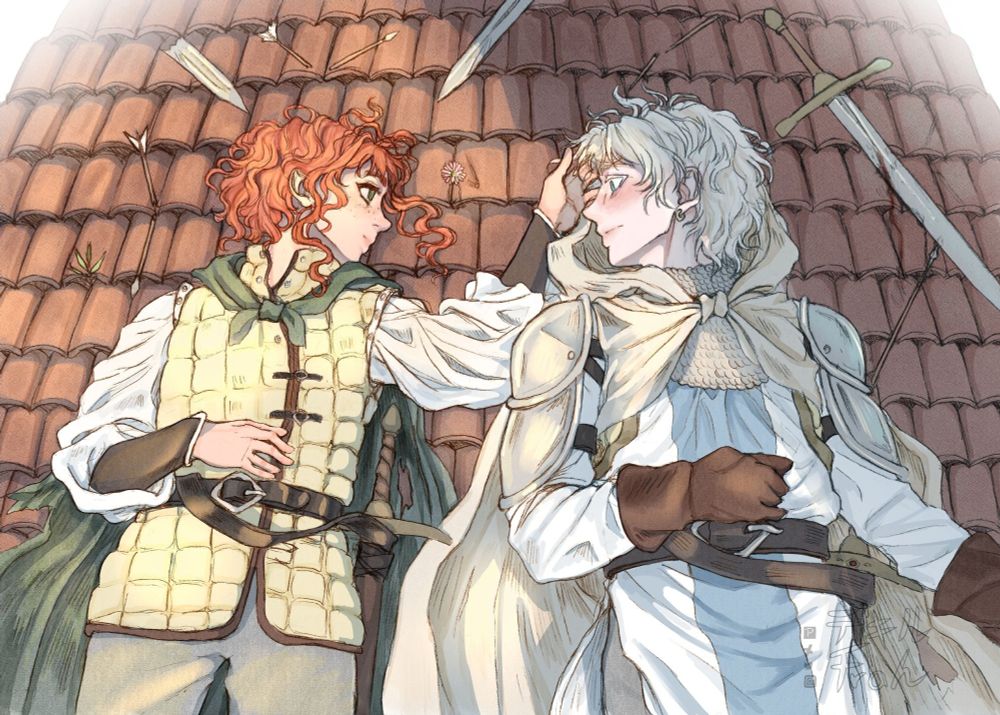 Delia and Adair from Burning Red are laying on a rooftop, broken swords and arrows scattered around. Delia is reaching out with her hand to Adair's hair.