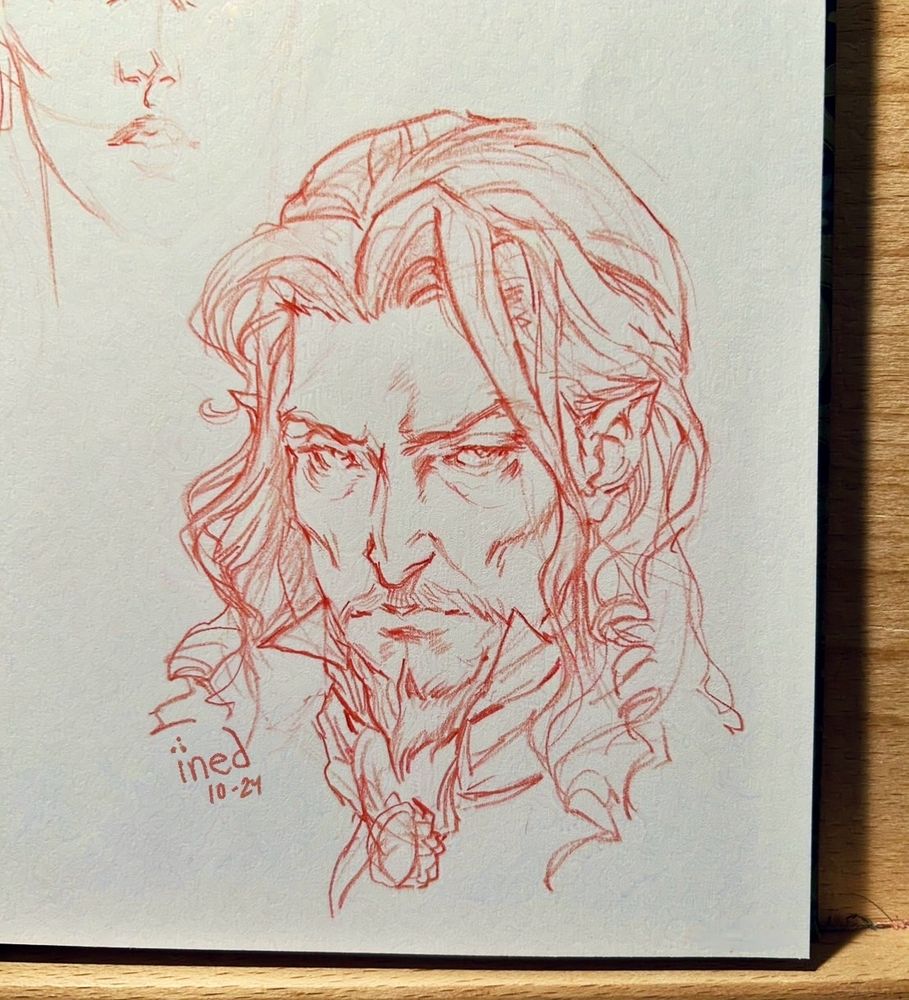 Sketch of Dracula Vlad Tepes from Castlevania in red pencil. 