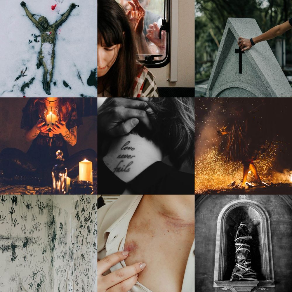 A 3x3 mood board. The top row has a gravestone featuring a figure of Christ covered in snow, a woman with her back to a window and many hands pressed against the glass, and a hand gripping a gravestone. The middle row has a woman sitting and holding a candle, a hand holding up someone’s hair and the words “love never fails” tattooed on the exposed neck, and someone walking through sparks. The bottom row has dozens dark hand prints on walls, a hand pulling down a shirt colour to expose bruises, and a statue wrapped up in plastic.
