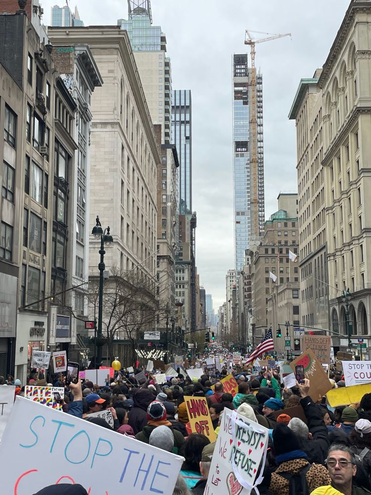 Long crowd of protesters at Hands Off protest in NYC stretched through 5th avenue