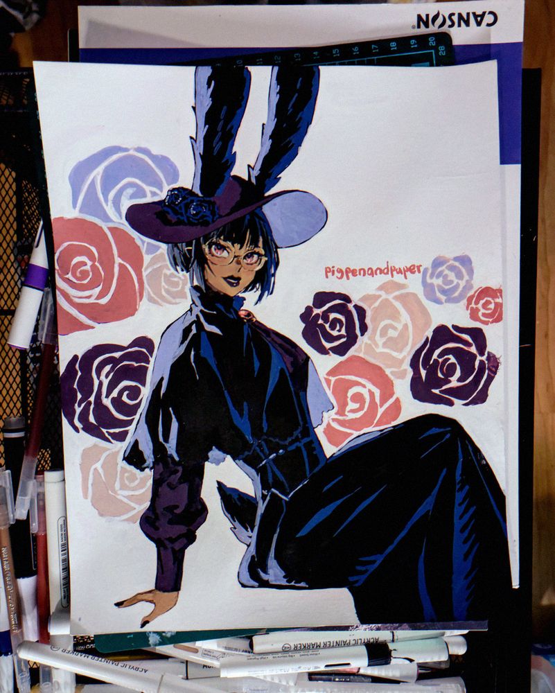 Acrylic marker drawing of my FFXIV character, Roisin. She is depicted as a viera here.