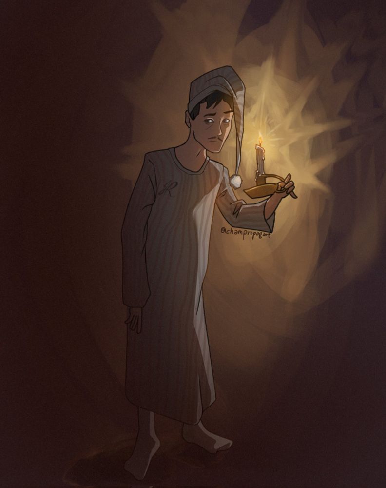 José Rizal wearily wandering in a dark room, wearing scrooge looking-aah pajamas, and holding a candlestick