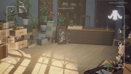 a room with lots of potted plants and the words softsapphicvibes at the top