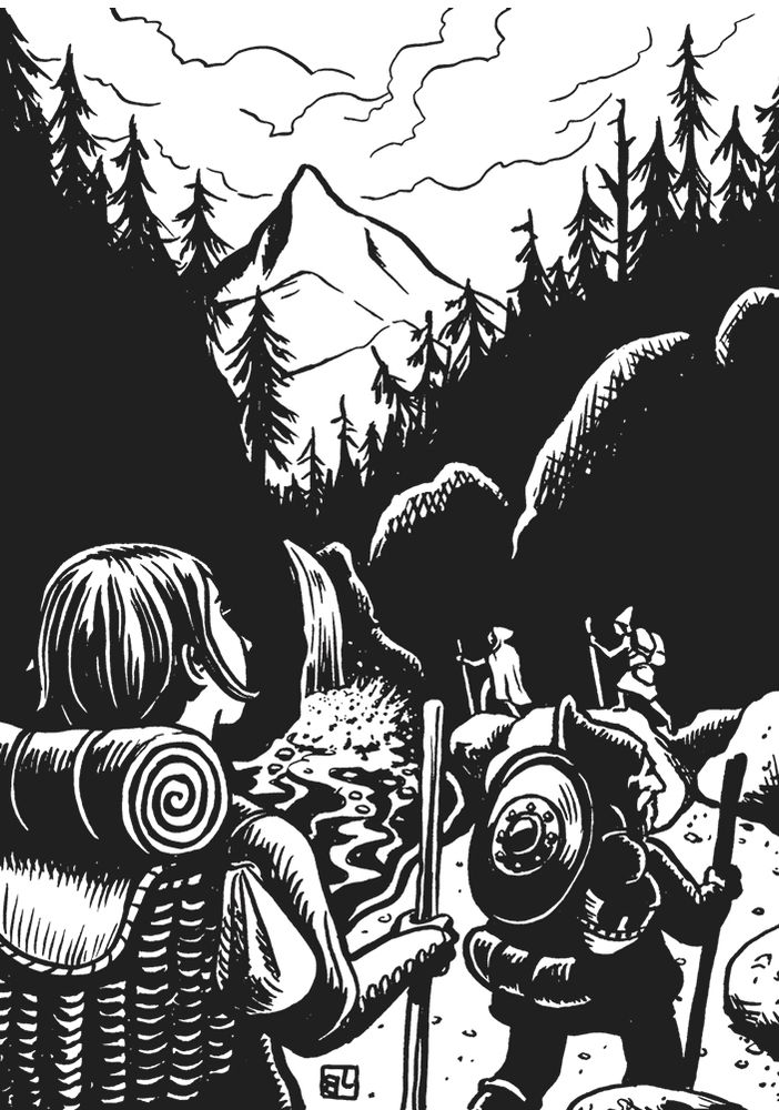 four fantasy adventurers hiking near a river in the mountains