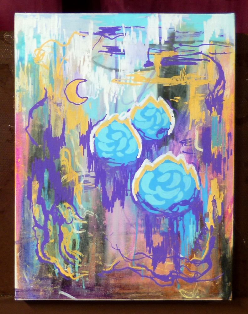 Abstract mixed media piece depicting a field of purple, golden yellow, white, and brown, with three blue flower-like forms and a crescent moon.