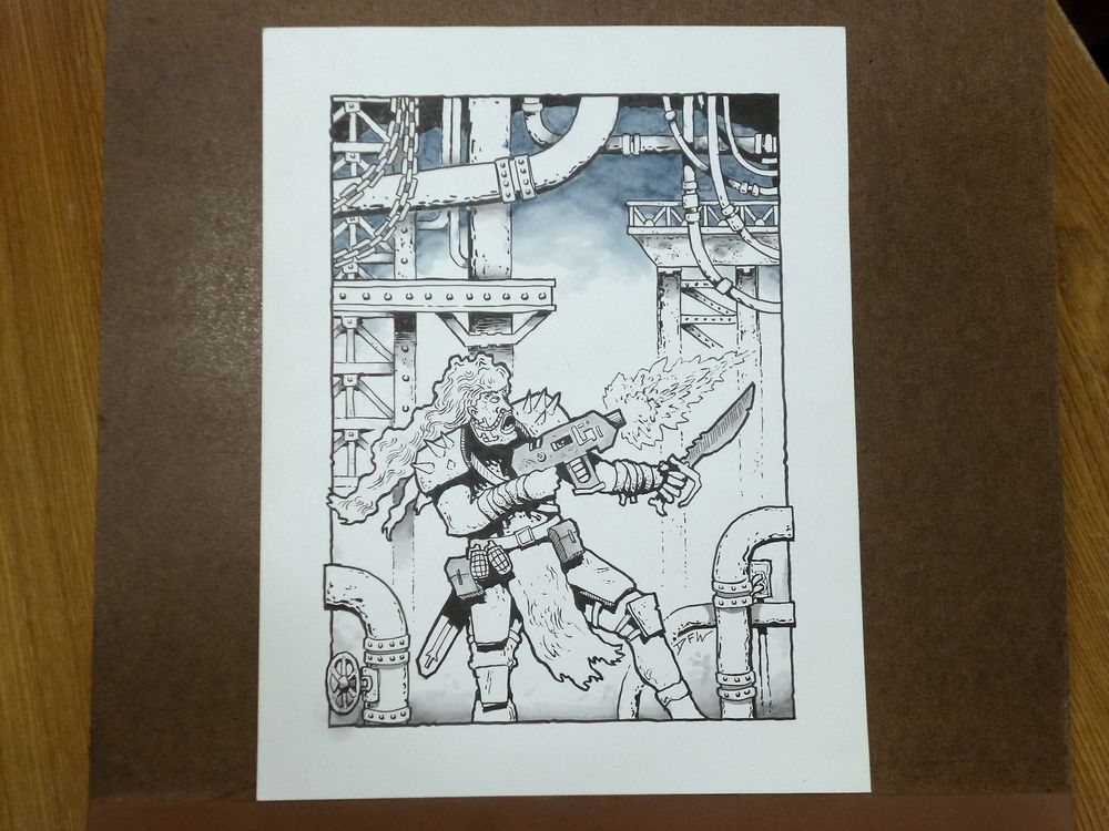 Ink drawing of a retro-futuristic guy with long hair, spiky shoulder armor, and wielding a large knife and a blocky SMG. He is in an action pose, standing but leaning back a bit, with both of his weapons pointed to the right side of the drawing, and firing his gun. Behind him are many pipes, metal pillars, and platforms.