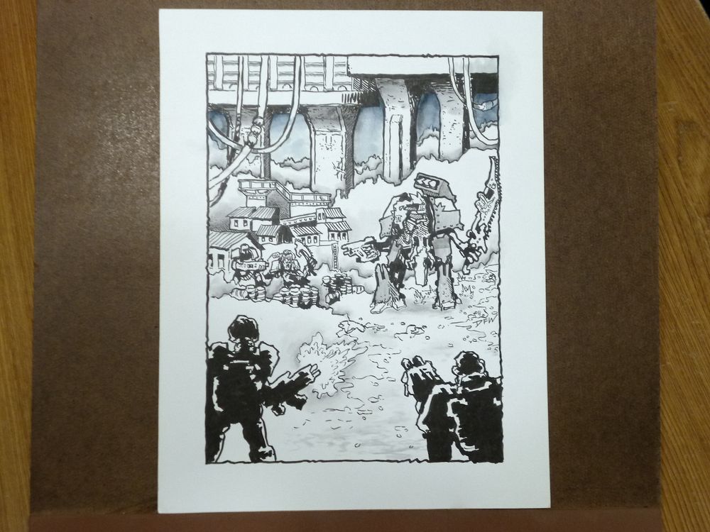 Ink drawing with several figures engaged in a battle near a group of ramshackle buildings. Giant concrete pillars are in the background, supporting some kind of gigantic structures, and they loom over the ramshackle buildings. In the middle ground is a medium sized mech that has a gun, a chainsaw sword, and a missle pod. The mech looks to be heavily inspired by the knight mechs of warhammer 40k.