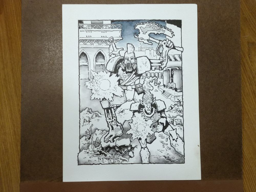 Ink drawing of a couple of retro-futuristic dudes facing the viewer. The larger one has a mo-hawk, large shoulder armor, a sword on his back, a chansaw axe in his left hand, and in his right hand is a huge gun that he is firing toward the viewer. His legs and arms are cybernetic. In front of him is a shorter person, closer to the viewer, that has pointy ears like an elf, smaller shoulder armor, and is holding a large gun with both hands and is also firing at the viewer. In the background are a few fuel tanks, and also some tall structure built out of archways and metal beams.