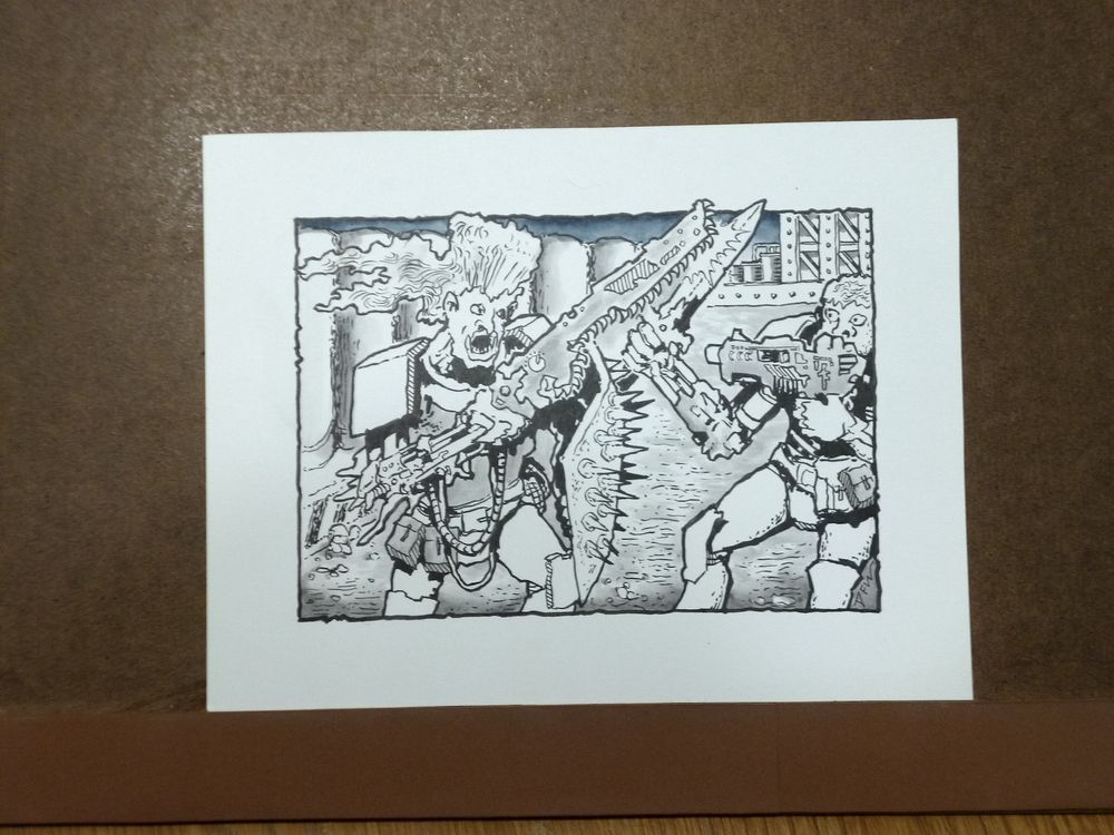 Ink drawing of two retro-futuristic dudes locked in melee combat. The dude on the left has very big 80's style hair, a metal shield covered in spikes, and his right arm is entirely cybernetic, with some kind of long chainsaw sword instead of a hand. The dude on the right has a shortblade and some kind of pistol or SMG. It looks like the dude on the right is being pushed back. In the background is a row of large fuel/water tanks and some steel beams.