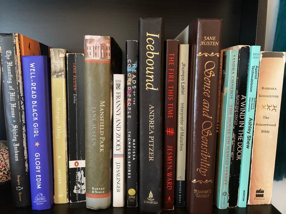 an assortment of books on a black bookcase, all different heights and colors, different genres and unalphabetized. L-R: The Haunting of Hill House, Well-Read Black Girl, Northanger Abbey, Emma, Mansfield Park, Franny and Zooey, Heads of the Colored People, Icebound, The Fire This Time, Interpreter of Maladies, Sense and Sensibility, The Fire This Time, The House on Mango Street, A Wind in the Door, Against Technoablesim, The Poisonwood Bible