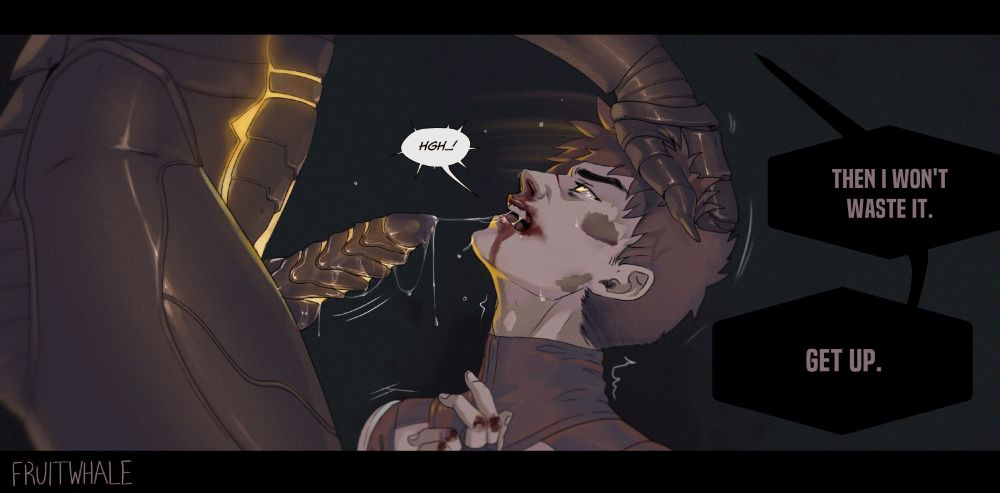 Panel 3: The robot is jerking the man by the hair, forcing him to look up. The man's revealed to have a bloody nose which has smeared down over his lips and chin. His eyes are gold and narrowed. Strings of wet saliva stem from his lip and over the robot's cock, and drops of sweat are suspended in the air. The robot says "Then I won't waste it. Get up."