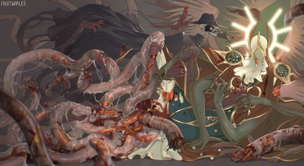 A wide painting, primarily painted in fleshy and dark colours. Baggie, a crow-headed cloaked figure with multiple floating red-tinged spectral hands, is tearing into Onych, a large, angelic-looking alien creature with a veiled face, four arms and slimy tentacles. His pronged halo is the only source of the light in the scene. Baggie has several tentacles in her grasp and is ripping them up and lacerating them. Onych is spilling eyeballs out of holes in his clothes, and his body is stained with blood. The blood is red but has a slightly metallic coppery/gold sheen to it. There is a focal depth effect with a blurred foreground and blurry tentacles.