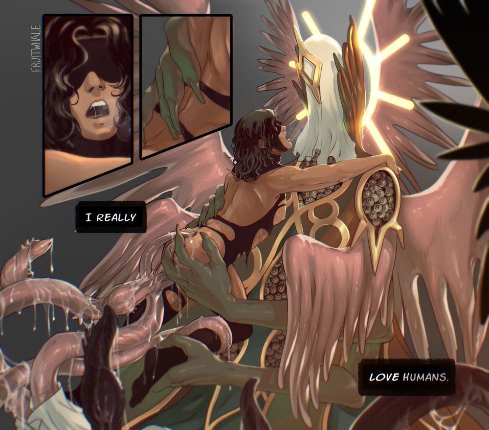 Onych, a large angelic alien with tentacles, fleshy polyp wings and four arms is embracing a blindfolded human with torn skintight black clothing and using his tentacles and do the fuck on them. There are two inset images showing the human's gasping face and Onych's hand gently pressing against their back. There are two black boxes of text which together read "I really... love humans."