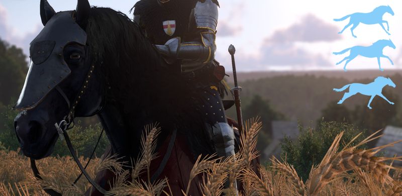 A mysterious knight rides a black horse at speed through a field of wheat. There are three silhouettes of a horse galloping to the side.