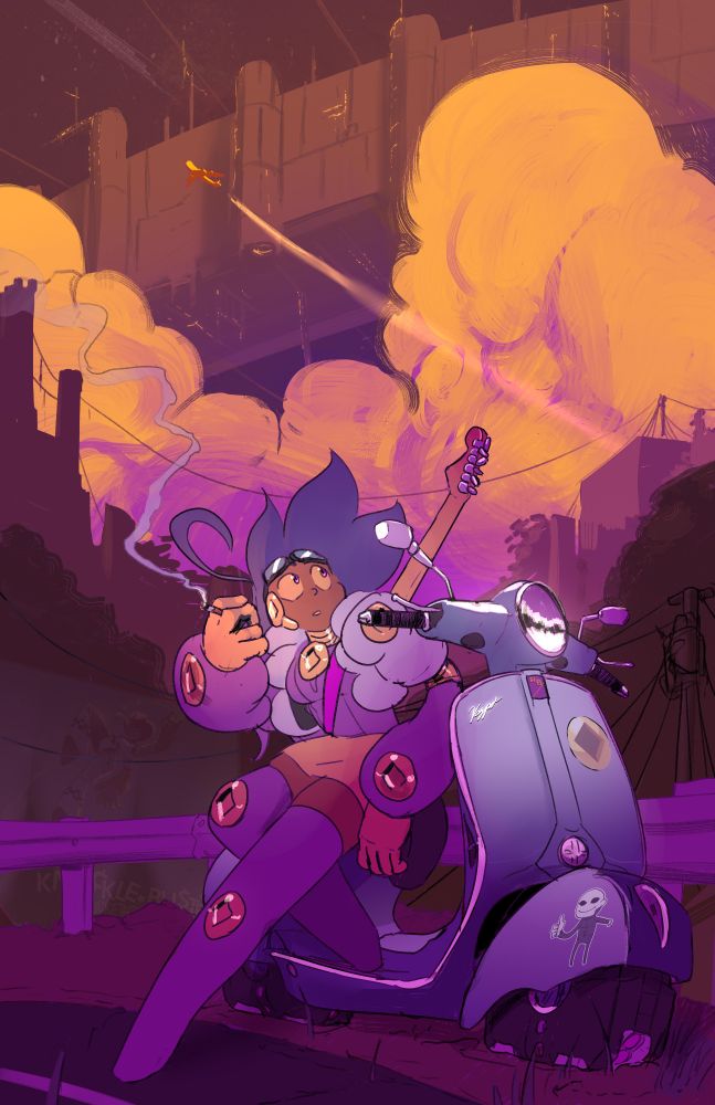 Happy Buster sits against a modified Vespa GTS, with its wheels replaced by a strange flying device. She is smoking a cigarette in front of a cityscape and gigantic, billowing golden clouds. A plane flies in the distance...and even further back, a gigantic space station can be seen overtaking the night sky. 