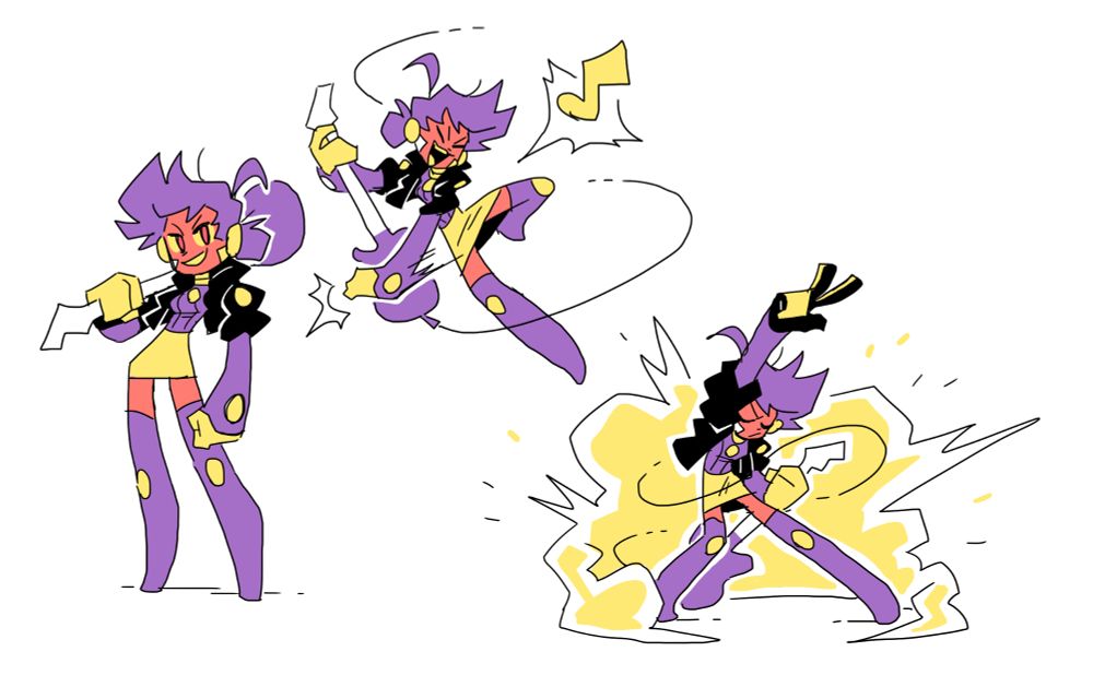 A sketch page of Happy Buster! The first image shows them standing with her guitar perched on her shoulder, looking mischievous.

The second shows them playing the guitar, belting out a tone with a grin as the wire wraps around their body and they twirl through the air.

The last shows them throwing a peace sign into the air as an explosion goes off behind her. Real punk rocker type shit.