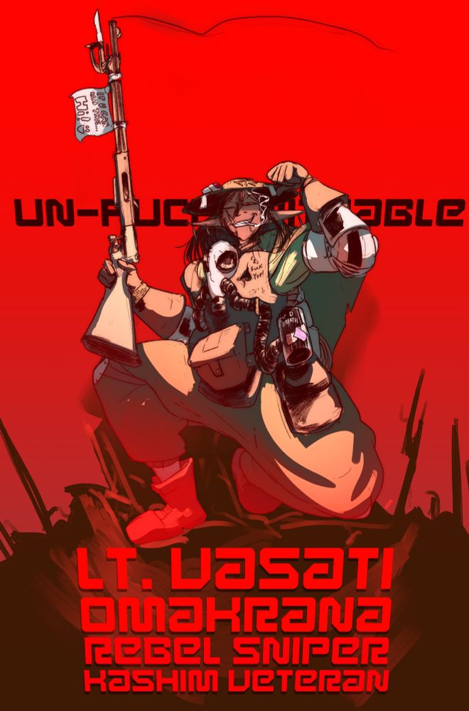 An elf with a rifle sits in front of a blood red background. She's on an unidentifiable mass of stuff. 

The text behind her, obscured, reads "UN-FUCK-WITHABLE".

The text in front of her reads "LT. VASATI OMAKRANA. REBEL SNIPER. KASHIM VETERAN."