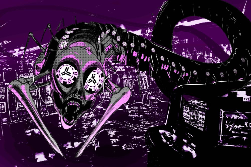 A horrible creature built like a skull looms towards the camera. Its arms are all twisted slot machine levers, and its body is made of roulette wheels and slot machines, with poker chips lining its sides. Two massive poker chips make up its eyes, evoking the look of Charon, and its two rows of teeth have card houses emblazoned on them. It runs through a photobashed stock casino, twisted into a monochrome nightmare as it runs through the background. 