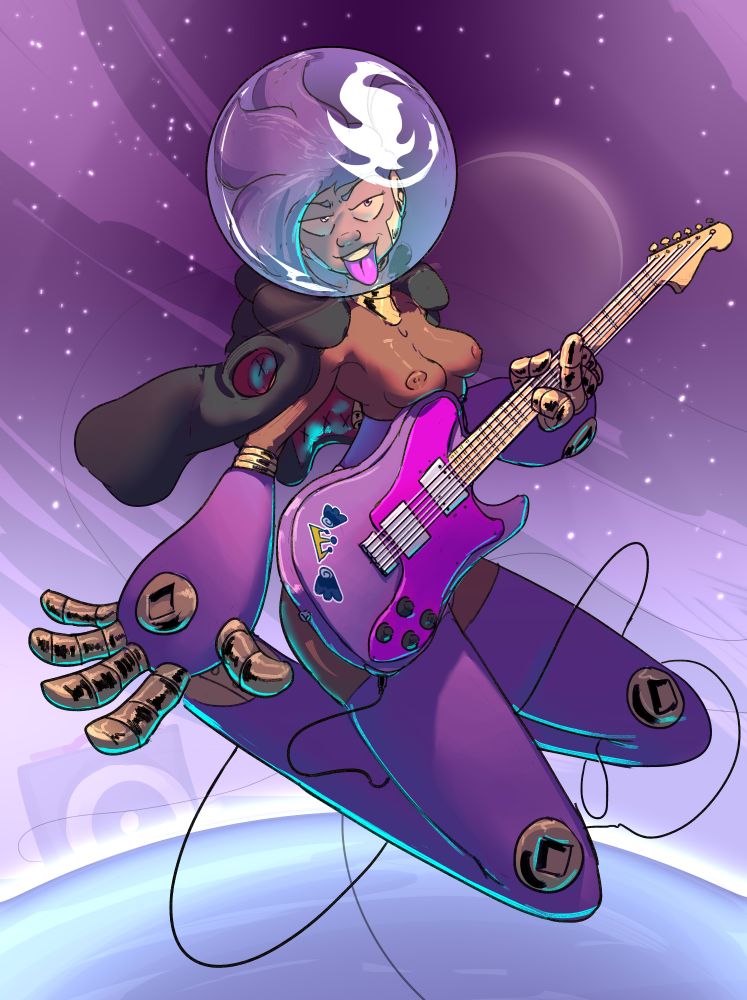 HB floats in space, with their old dark jacket and a big cartoony helmet over their head. They're more or less naked, with the guitar covering their body and wires slipping in and out between their legs. 