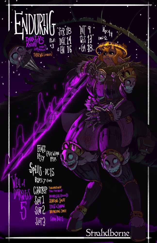 ENDURING's new year, detailing her new, massive cloak and fur-lined armor. Her Diminished sword of prayer bathes her body in a purple glow, as a halo illuminates her face and horns. 