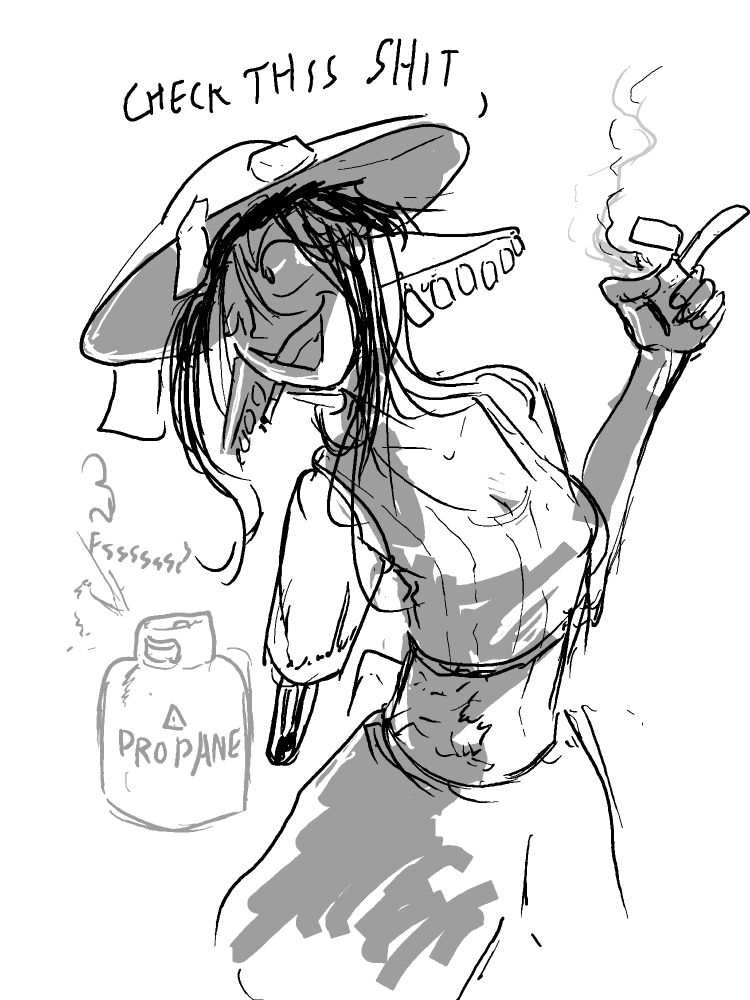 An elf with a missing arm and heavy scarring flicks a lighter in front of a big tank of propane.

She says "Check this shit."