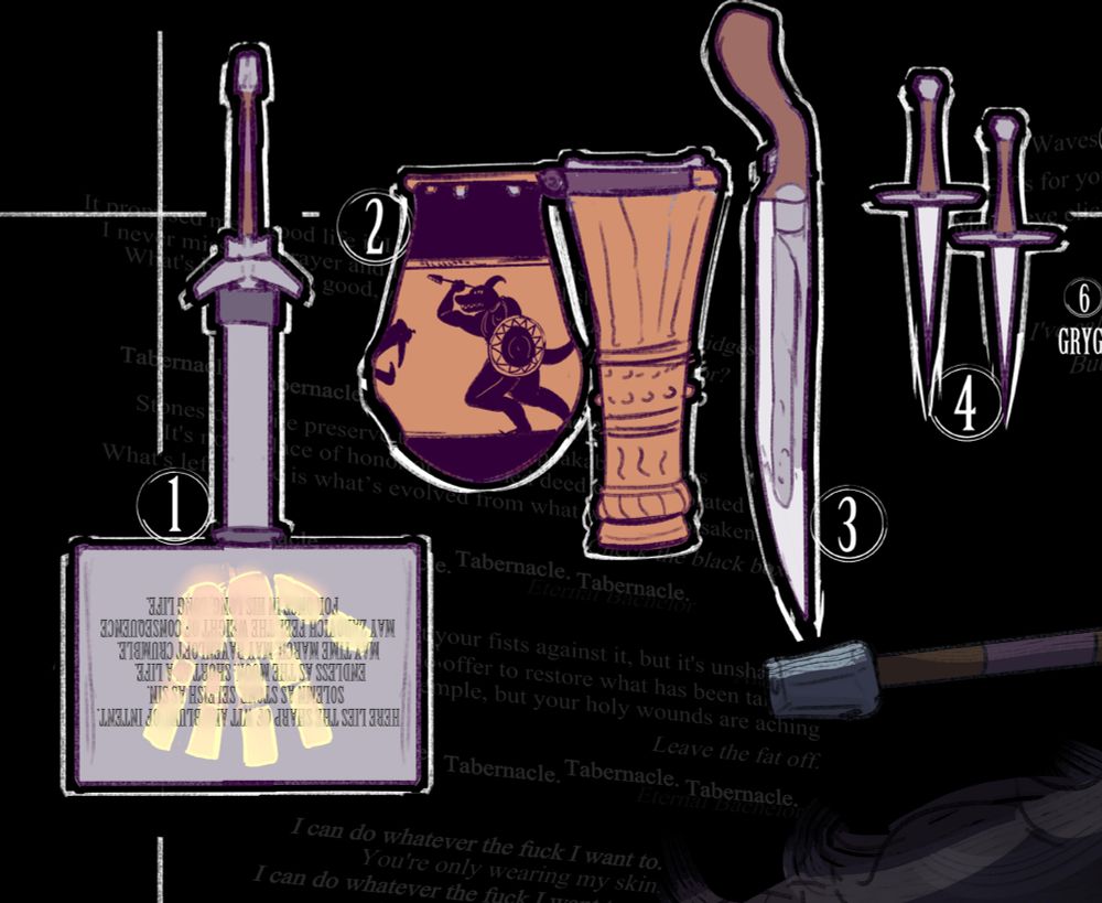1: THE EMPTY GRAVE - A giant hammer with a handprint on it and unreadable text. 
2: THE AURORVOST CANNON - a cannon styled like a greek vase. 
3: MOMENTO - A slick gunblade. 
4: Two generic daggers